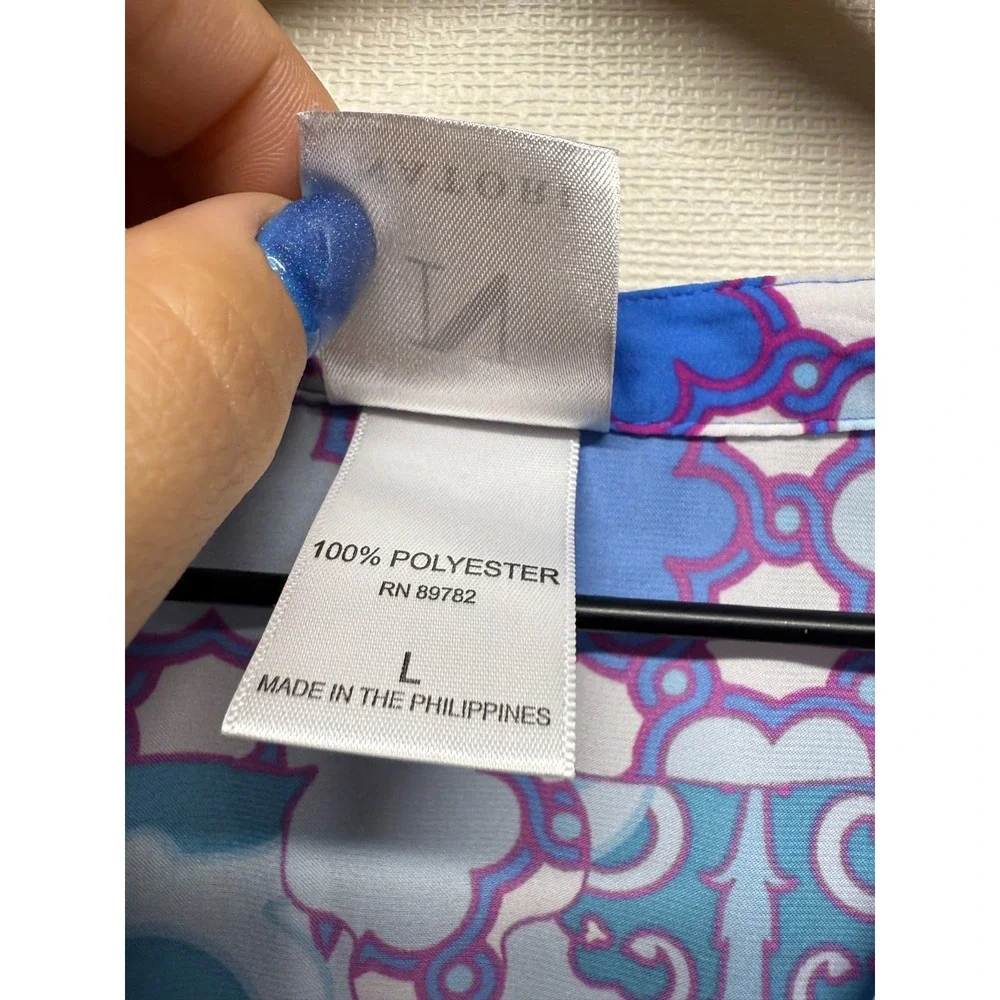 Natori Caftan Dress Women Sz L Artsy Floral Blue Satin Maxi V-Neck Lounge - Picture 4 of 5